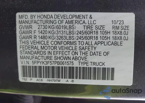 2023 Honda Ridgeline Rtl из США, поврежденный, VIN 5FPYK3F57PB061575